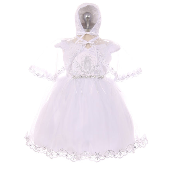 RainKids Baby Girls White Virgin Mary Detail Bonnet Cape Christening Dress 3-24M - SophiasStyle.com