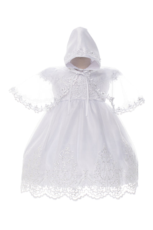 Rain Kids Baby Girls White Beaded Lace Tulle Train Cape Baptism Dress NB-24M - SophiasStyle.com