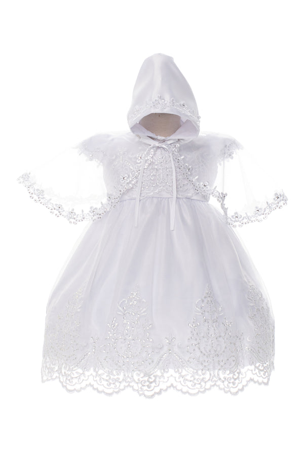 Rain Kids Baby Girls White Beaded Lace Tulle Train Cape Baptism Dress NB-24M - SophiasStyle.com