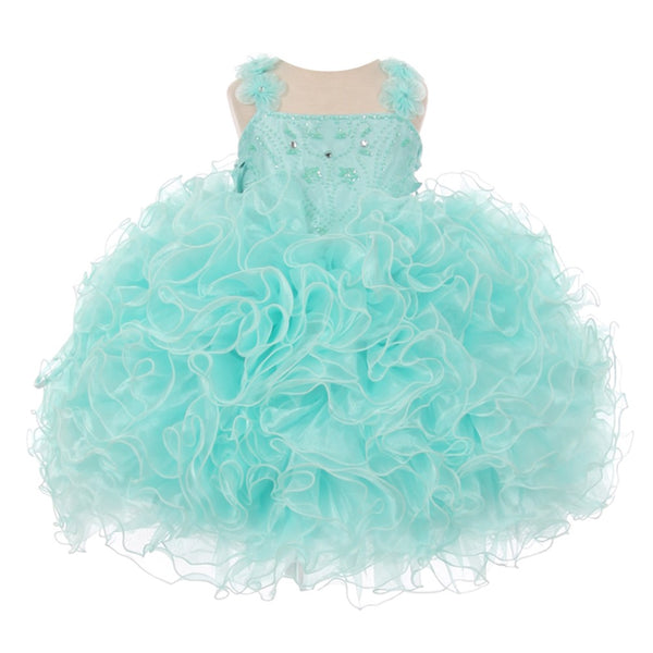RainKids Little Girls Aqua Beaded Cascade Ruffle Organza Pageant Dress 2-6 - SophiasStyle.com
