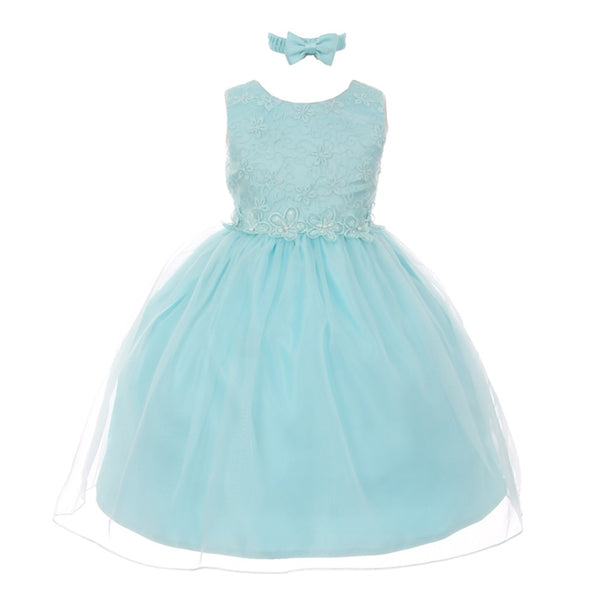 Rain Kids Little Girls Aqua Floral Trim Organza Overlay Flower Girl Dress 2-4T - SophiasStyle.com