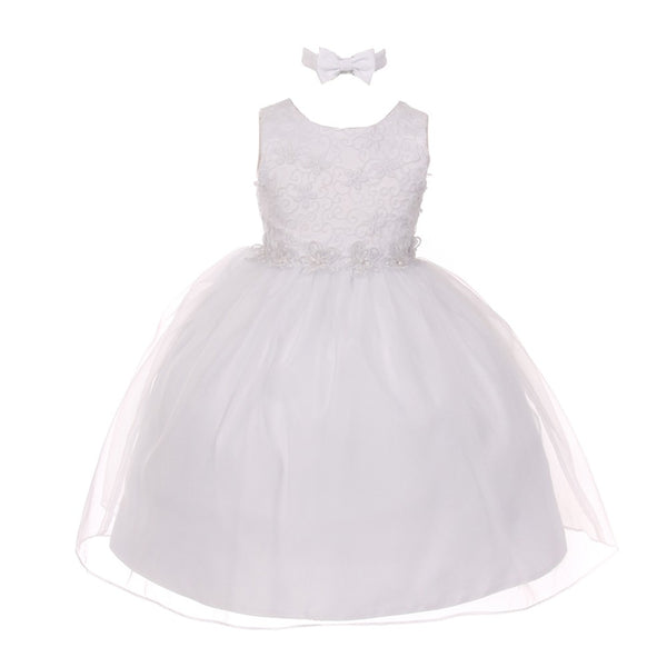 Rain Kids Baby Girls White Floral Trim Organza Overlay Flower Girl Dress 6-24M - SophiasStyle.com