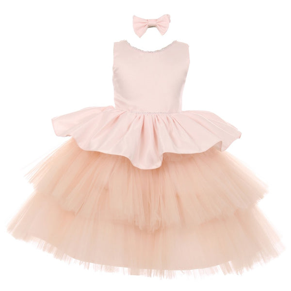 RainKids Little Girls Blush Rhinestone Satin Tulle Party Flower Girl Dress 2-4T - SophiasStyle.com