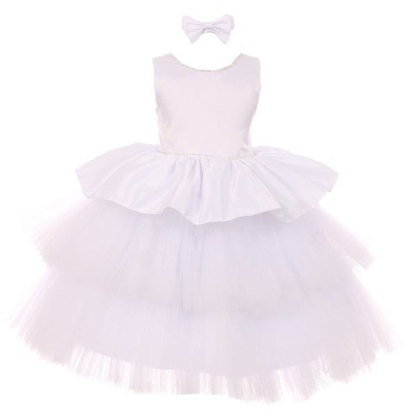 RainKids Little Girls White Rhinestone Satin Tulle Party Flower Girl Dress 2-4T - SophiasStyle.com