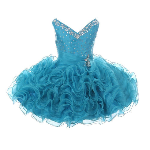 RainKids Little Girls Turquoise Beading Ruffle Organza Short Pageant Dress 2-4T - SophiasStyle.com