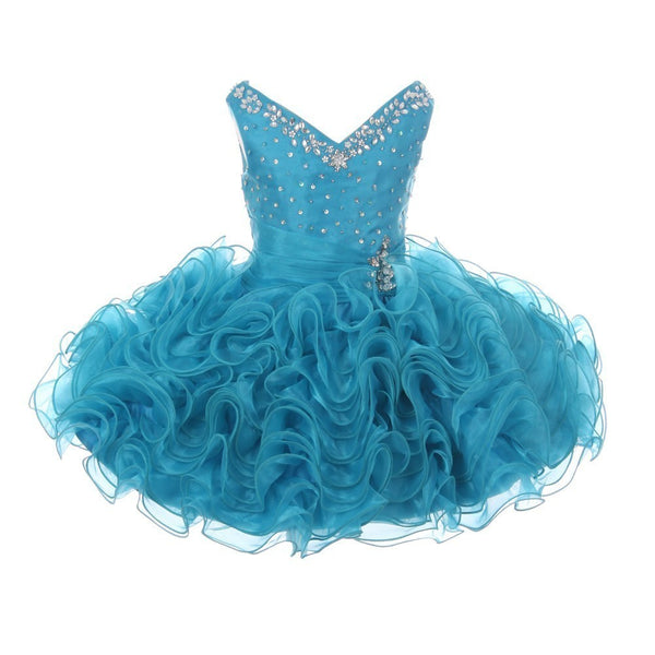 RainKids Little Girls Turquoise Beading Ruffle Organza Short Pageant Dress 2-4T - SophiasStyle.com