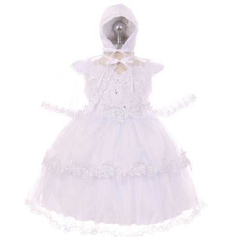 RainKids Baby Girls White Organza Tulle Bonnet Cape Christening Dress 3-24M - SophiasStyle.com