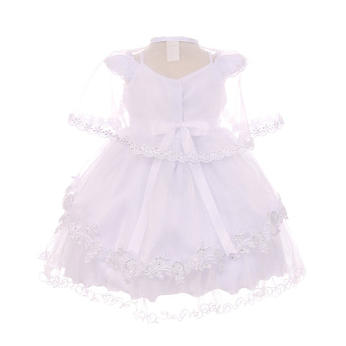 RainKids Baby Girls White Organza Tulle Bonnet Cape Christening Dress 3-24M - SophiasStyle.com