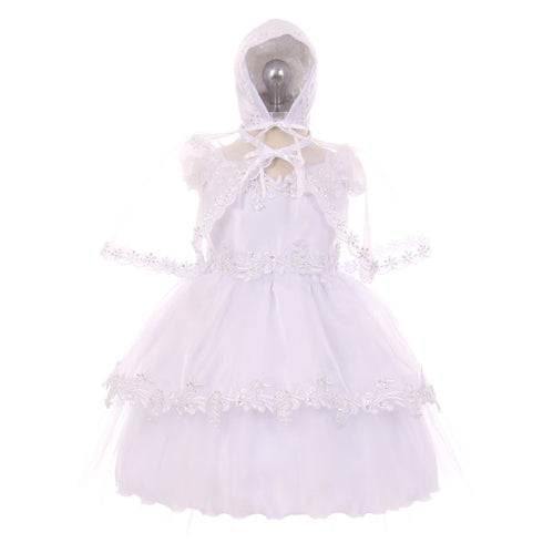 RainKids Baby Girls White Off-Shoulder Bonnet Cape Christening Dress 3-24M - SophiasStyle.com