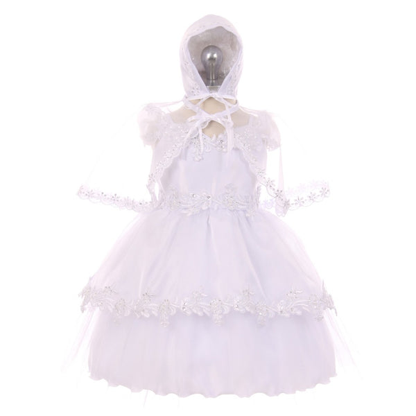 RainKids Baby Girls White Off-Shoulder Bonnet Cape Christening Dress 3-24M - SophiasStyle.com