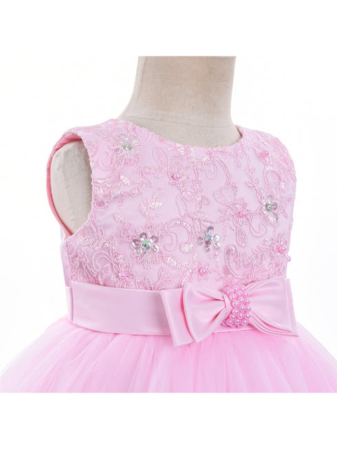 Little Girls Pink Bow Waist Floral Appliques Flower Girl Dress 2T-4T - SophiasStyle.com