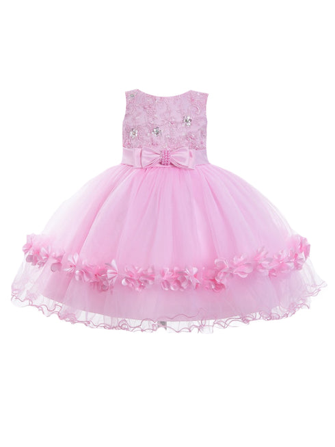 Little Girls Pink Bow Waist Floral Appliques Flower Girl Dress 2T-4T - SophiasStyle.com