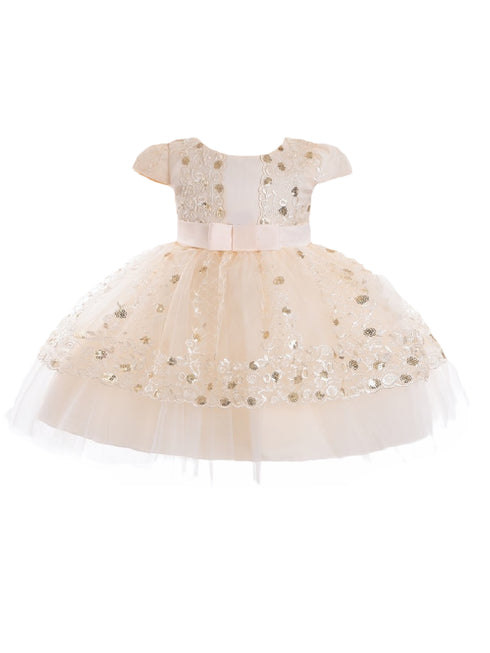 Baby Girls Champagne Sequin Embroidery Cape Sleeve Flower Girl Dress 6-24 Months - SophiasStyle.com