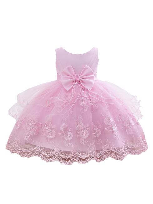Baby Girls Pink Floral Embroidery Tulle Overlay Flower Girl Dress 6-24 Months - SophiasStyle.com