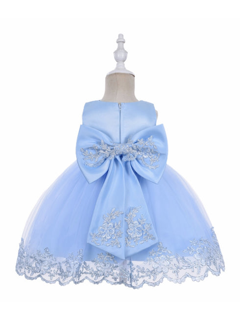 Baby Girls Sky Blue Double Bow Embroidered Flower Girl Dress 6-24 Months - SophiasStyle.com