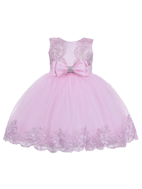 Baby Girls Pink Double Bow Embroidered Flower Girl Dress 6-24 Months - SophiasStyle.com