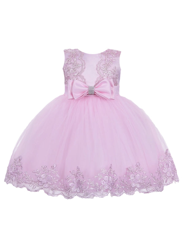 Baby Girls Pink Double Bow Embroidered Flower Girl Dress 6-24 Months - SophiasStyle.com