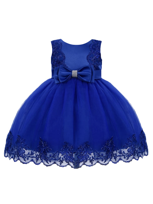 Baby Girls Royal Blue Double Bow Embroidered Flower Girl Dress 6-24 Months - SophiasStyle.com