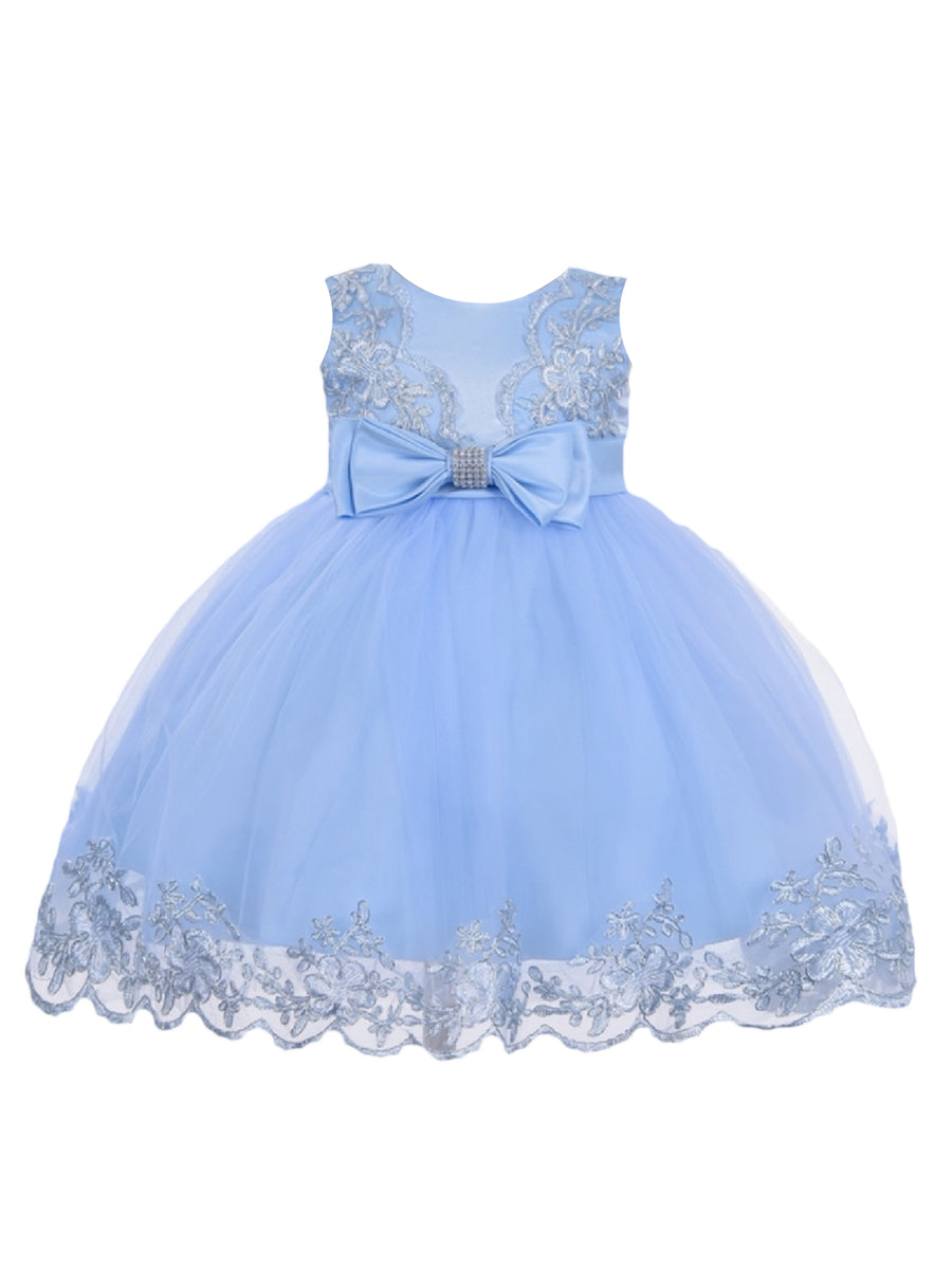 Little Girls Sky Blue Double Bow Embroidered Flower Girl Dress 4T
