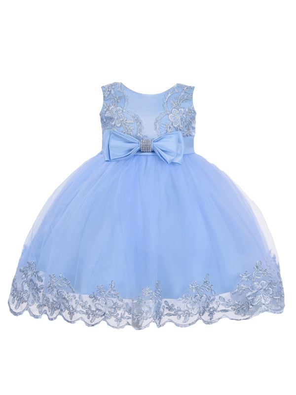 Little Girls Sky Blue Double Bow Embroidered Flower Girl Dress 2T-4T - SophiasStyle.com