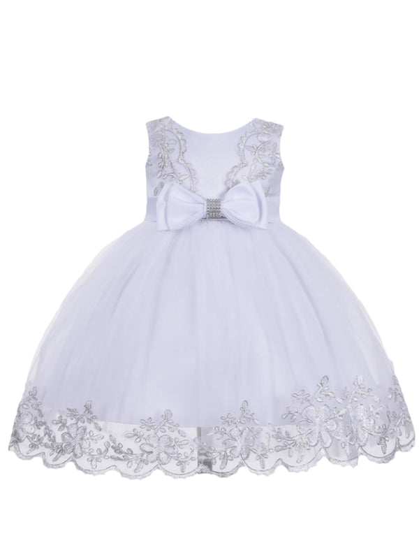Baby Girls White Double Bow Embroidered Flower Girl Dress 6-24 Months - SophiasStyle.com