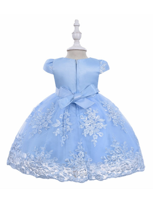 Baby Girls Sky Blue Floral Embroidery Pearl Waist Flower Girl Dress 6-24 Months - SophiasStyle.com