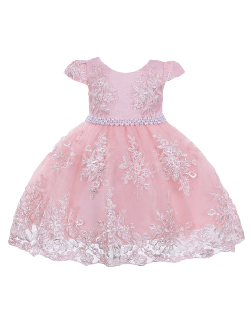 Little Girls Blush Floral Embroidery Pearl Waist Flower Girl Dress 2T-4T - SophiasStyle.com