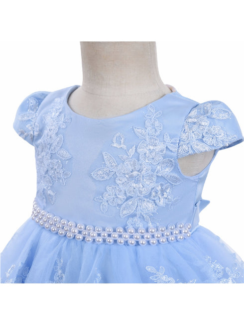 Baby Girls Sky Blue Floral Embroidery Pearl Waist Flower Girl Dress 6-24 Months - SophiasStyle.com