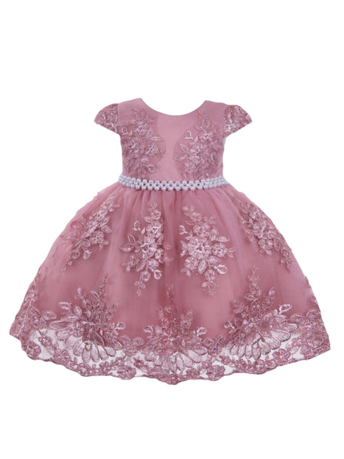 Little Girls Dusty Pink Floral Embroidery Pearl Waist Flower Girl Dress 2T-4T - SophiasStyle.com