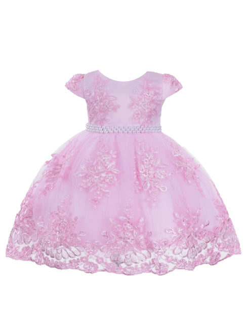Baby Girls Pink Floral Embroidery Pearl Waist Flower Girl Dress 6-24 Months - SophiasStyle.com