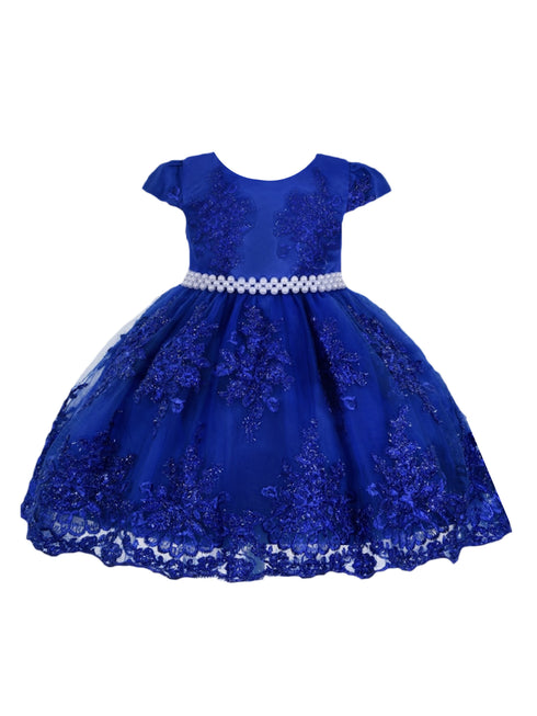 Little Girls Royal Blue Floral Embroidery Pearl Waist Flower Girl Dress 2T-4T - SophiasStyle.com