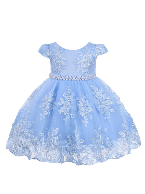 Baby Girls Sky Blue Floral Embroidery Pearl Waist Flower Girl Dress 6-24 Months - SophiasStyle.com