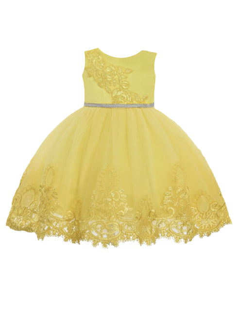 Baby Girls Yellow Floral Embroidery Glitter Belt Flower Girl Dress 6-24 Months - SophiasStyle.com