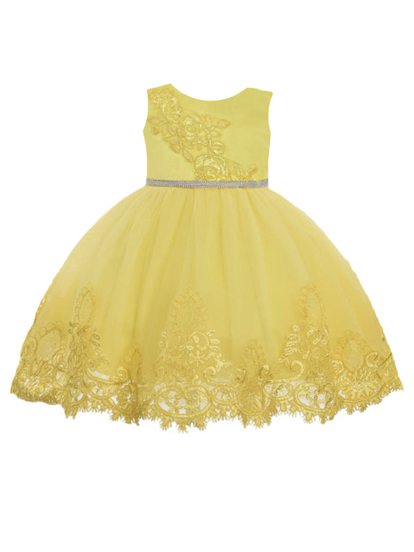 Baby Girls Yellow Floral Embroidery Glitter Belt Flower Girl Dress 6-24 Months - SophiasStyle.com