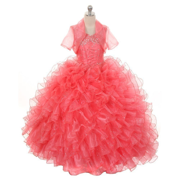 Rain Kids Little Girls Coral Sequin Sparkly Ruffle Bolero Pageant Dress 4-6 - SophiasStyle.com