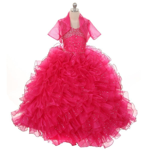 Rain Kids Little Girls Fuchsia Sequin Sparkly Ruffle Bolero Pageant Dress 4-6 - SophiasStyle.com