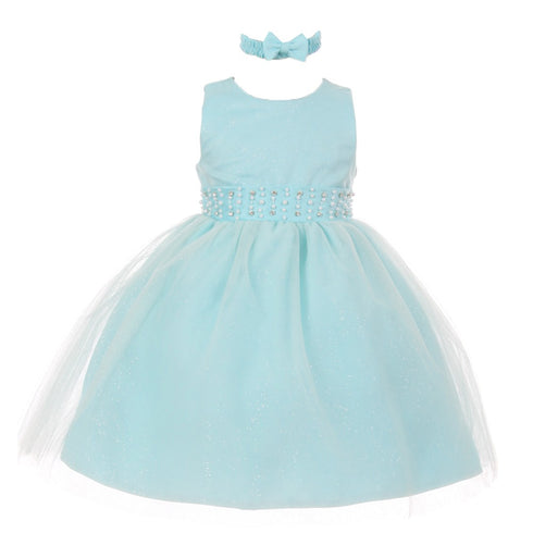 RainKids Baby Girls Aqua Pearl Diamond Accent Tulle Flower Girl Dress 6-24M - SophiasStyle.com