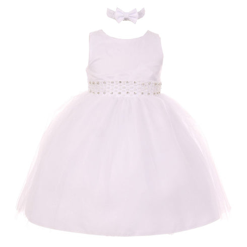 RainKids Baby Girls White Pearl Diamond Accent Tulle Flower Girl Dress 6-24M - SophiasStyle.com