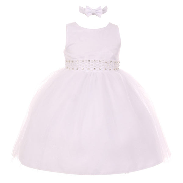 RainKids Baby Girls White Pearl Diamond Accent Tulle Flower Girl Dress 6-24M - SophiasStyle.com