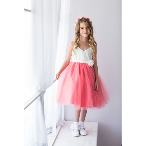 Rain Kids Big Girls Coral Ivory Beaded Lace V-neck Special Occasion Dress 8-12 - SophiasStyle.com
