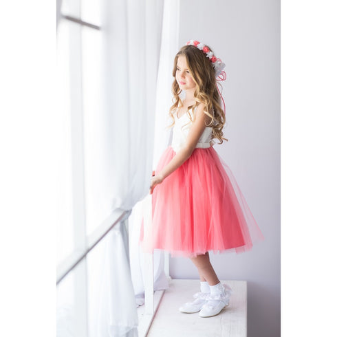 Rain Kids Big Girls Coral Ivory Beaded Lace V-neck Special Occasion Dress 8-12 - SophiasStyle.com