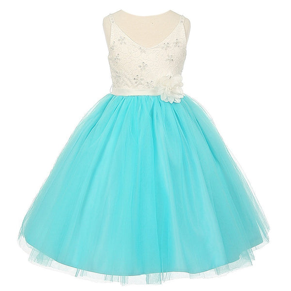 Rain Kids Little Girls Aqua Ivory Beaded Lace V-neck Special Occasion Dress 2-6 - SophiasStyle.com