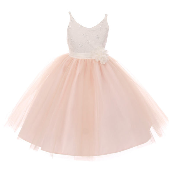 Rain Kids Little Girls Blush Pink Beaded Lace V-neck Special Occasion Dress 2-6 - SophiasStyle.com