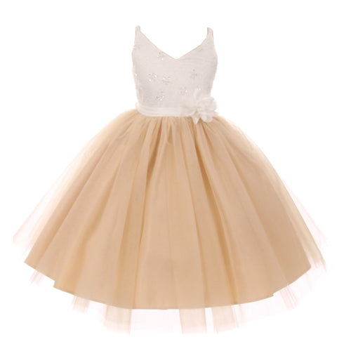 Rain Kids Little Girls Champagne Beaded Lace V-neck Special Occasion Dress 2-6 - SophiasStyle.com