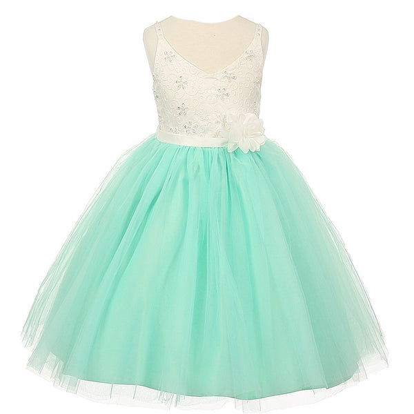 Rain Kids Big Girls Mint Ivory Beaded Lace V-neck Special Occasion Dress 8-12 - SophiasStyle.com