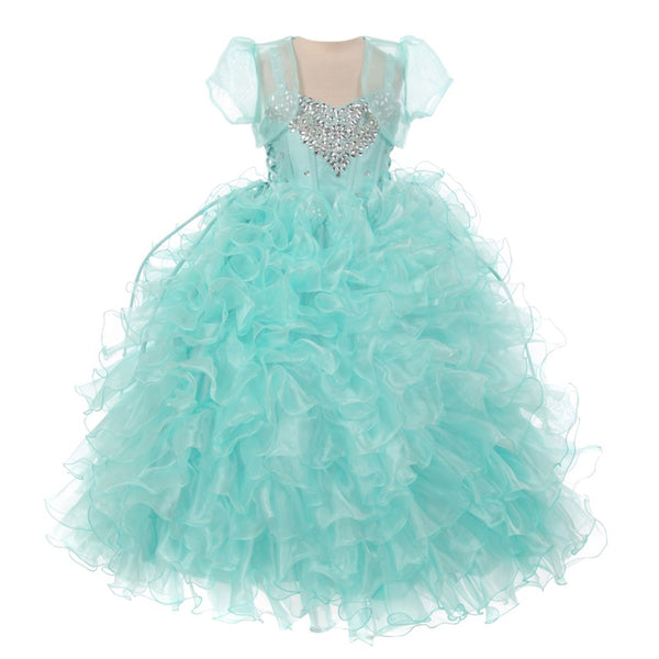RainKids Big Girls Aqua Heart Shape Beaded Organza Jacket Pageant Dress 8-12 - SophiasStyle.com