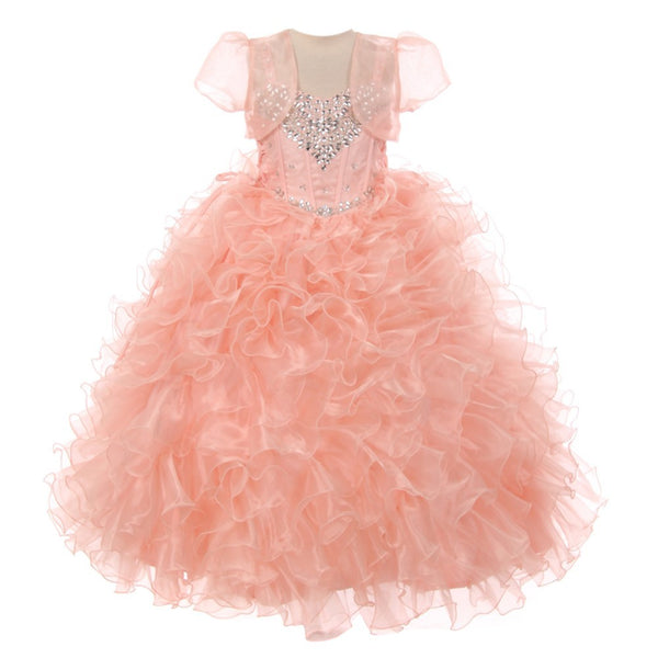 RainKids Little Girls Blush Heart Shape Beaded Organza Jacket Pageant Dress 4-6 - SophiasStyle.com