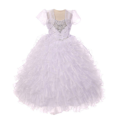 RainKids Big Girls White Heart Shape Beaded Organza Jacket Pageant Dress 8-12 - SophiasStyle.com