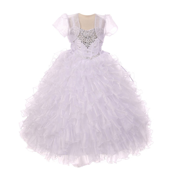 RainKids Big Girls White Heart Shape Beaded Organza Jacket Pageant Dress 8-12 - SophiasStyle.com