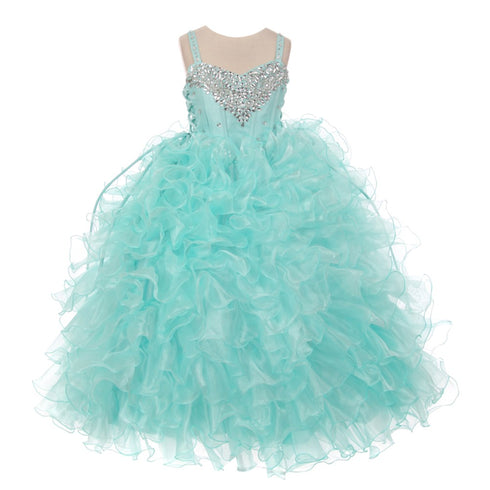 RainKids Little Girls Aqua Heart Shape Beaded Organza Jacket Pageant Dress 4-6 - SophiasStyle.com